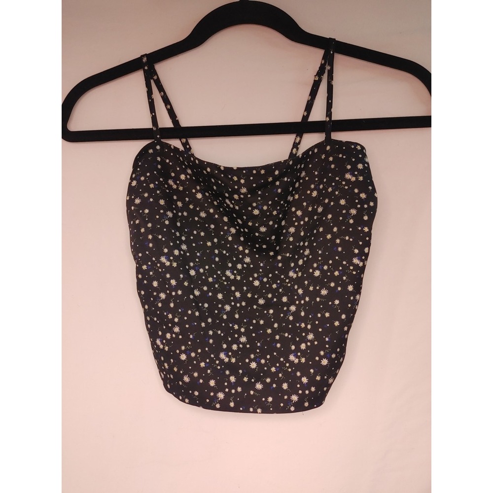 Defrost Black Floral Crop Top Cami Size XS Elastic Back Adjustable Strap‎ Satin